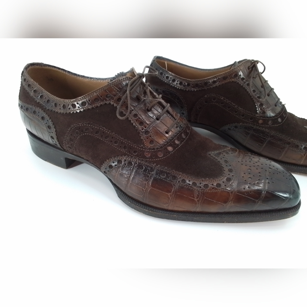 DI Bianco Scarpe Dress Shoe Oxford BROWN SUEDE & ALLIGATOR Wingtip Leather sz 10 - Picture 6 of 12